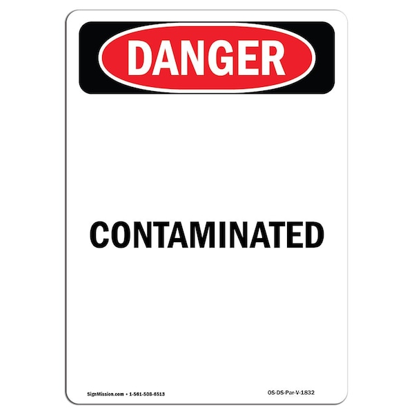 Safety Sign, OSHA Danger, 5" Height, Portrait Contaminated, Portrait, 10PK